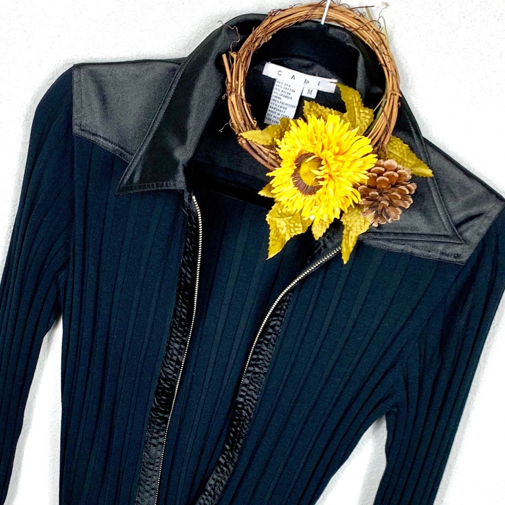 CAbi Black Satin Trim Zip Cardigan Sweater